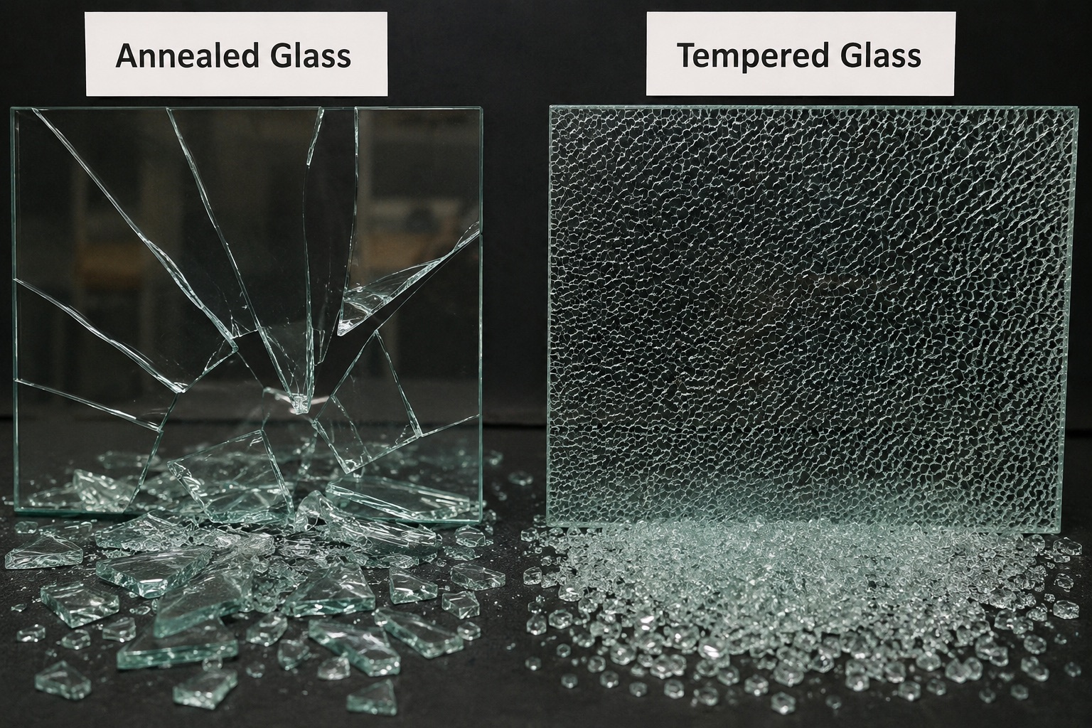 Annealed glass breaking into large dagger-like shards versus tempered glass breaking into small, relatively harmless fragments