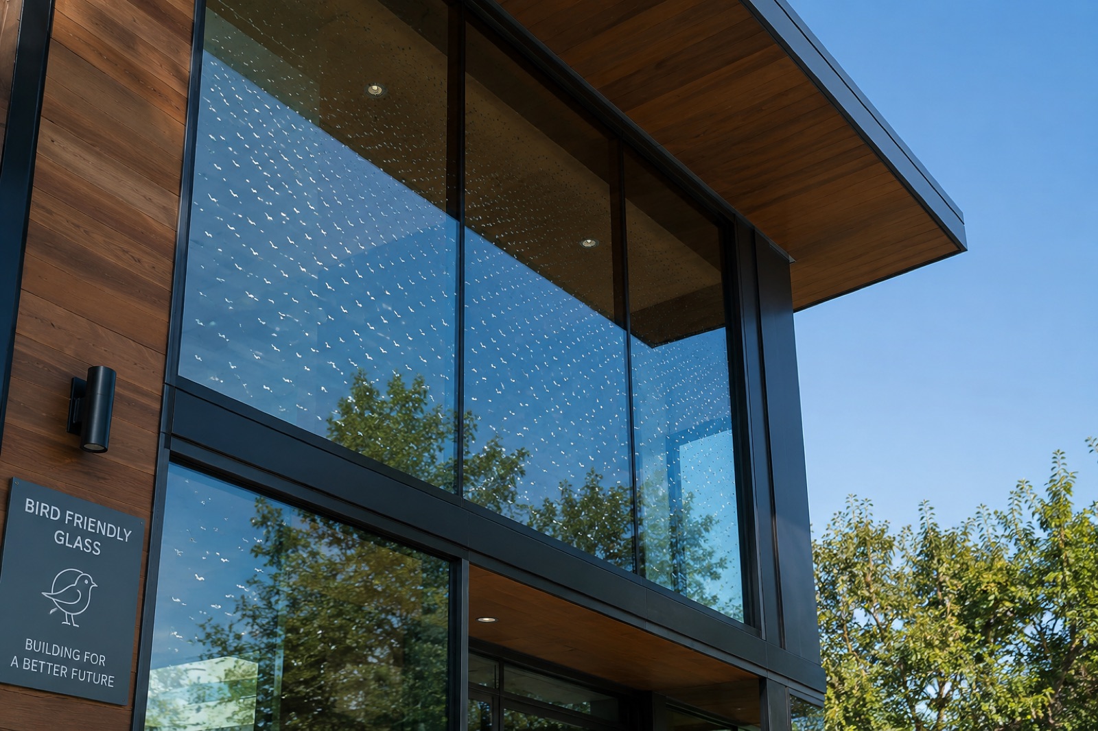 Glass facade with a fritted dot pattern printed on the exterior surface, next to a 'Bird Friendly Glass' signage plaque